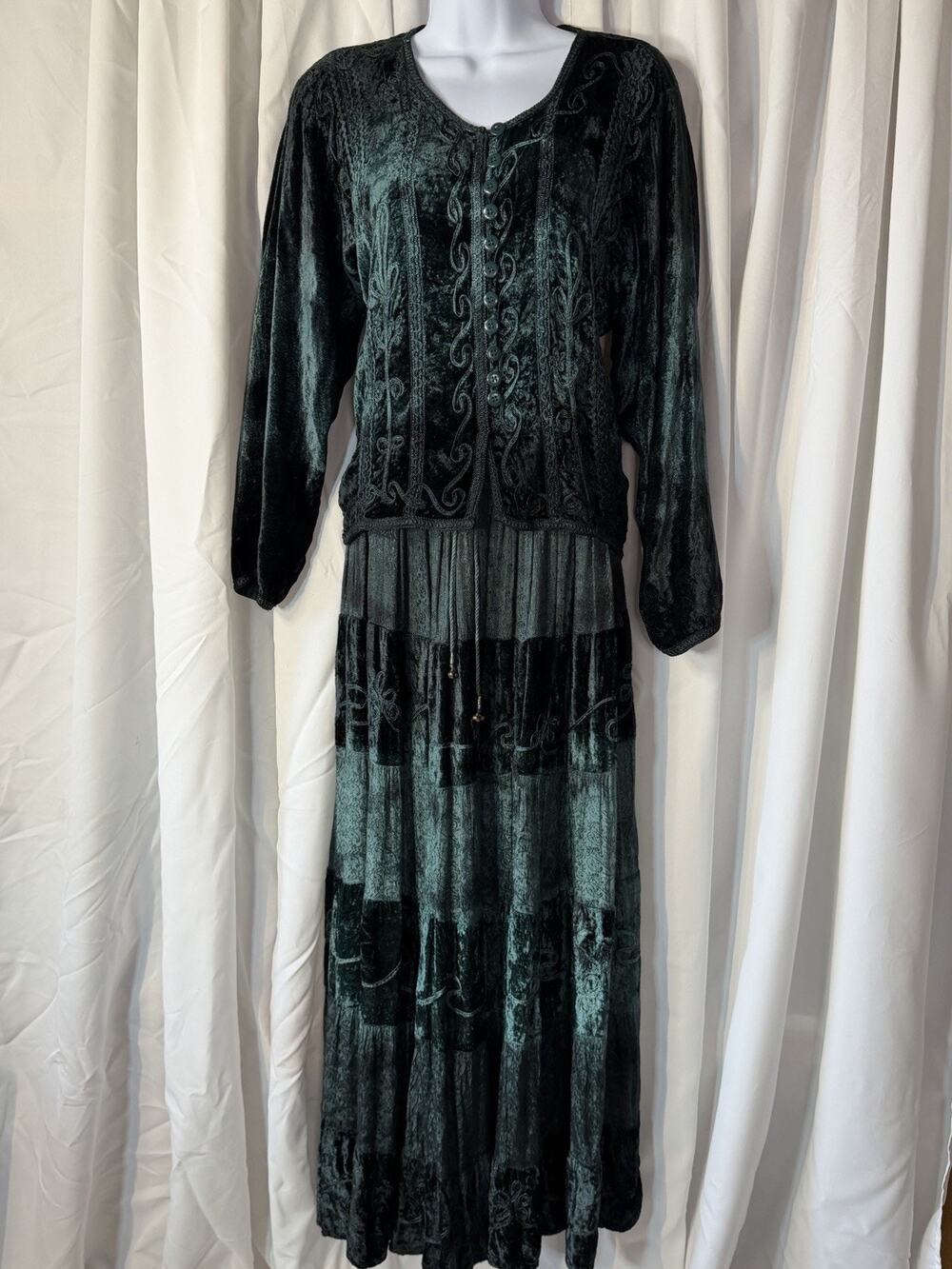 Vintage Whimsigoth Emerald Green Crushed Velvet Maxi Skirt Set Size S / M